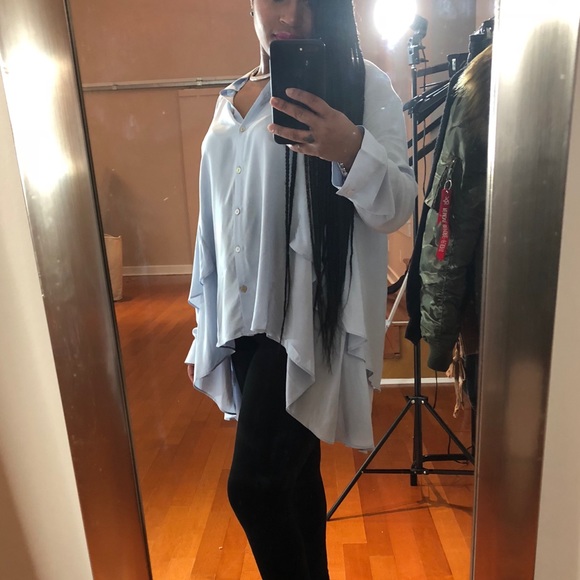 Blue Ruffled High-Low Work Blouse - Picture 3 of 7